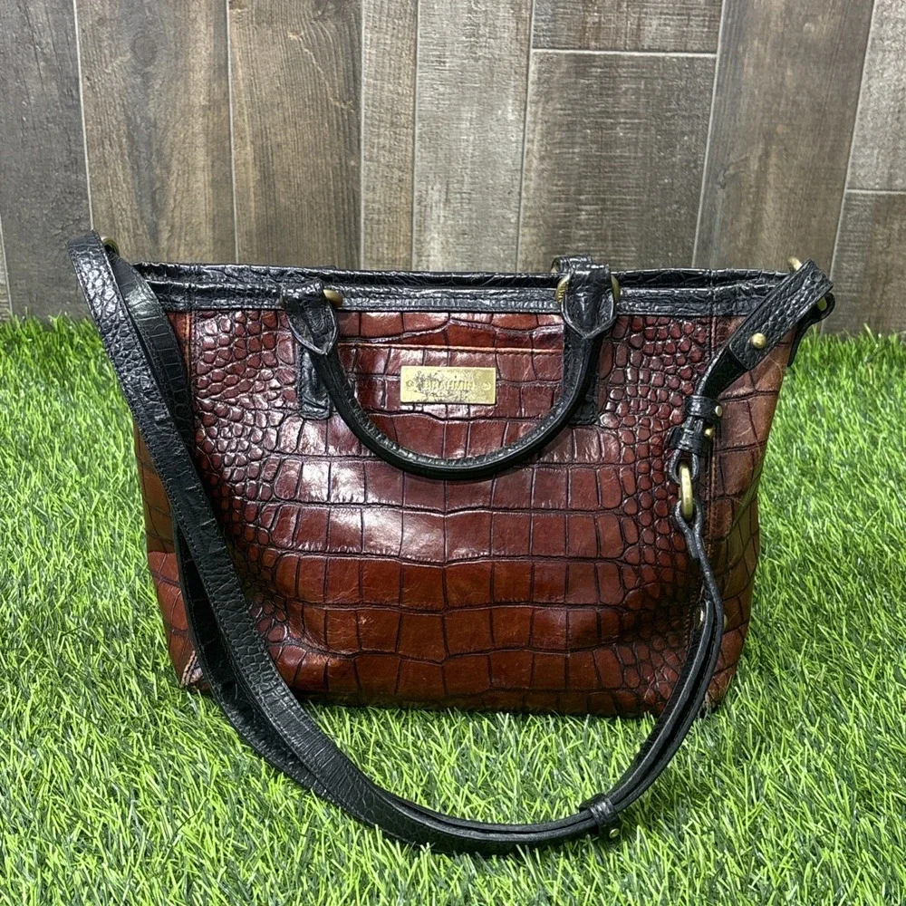 Brahmin Pecan Melbourne Leather Satchel Brown Black Croc Embossed Crossbody